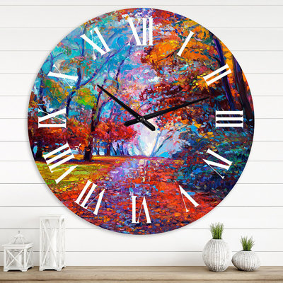 Little Road Through Red Autumn Landscape - Traditional wall clock