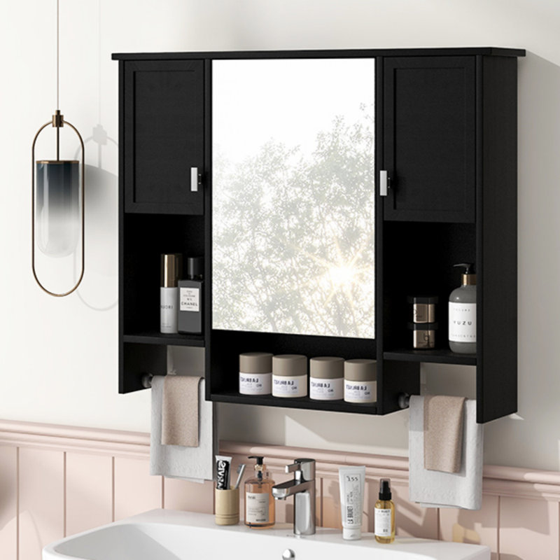 Armoire de rangement murale moderne 35 po x 28 po, armoire de salle de bain murale avec miroir, armoire à pharmacie avec barre à serviettes