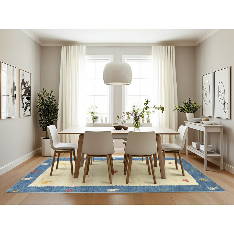 Tapis abstrait beige / bleu, Rectangle 7 pi x 10 pi