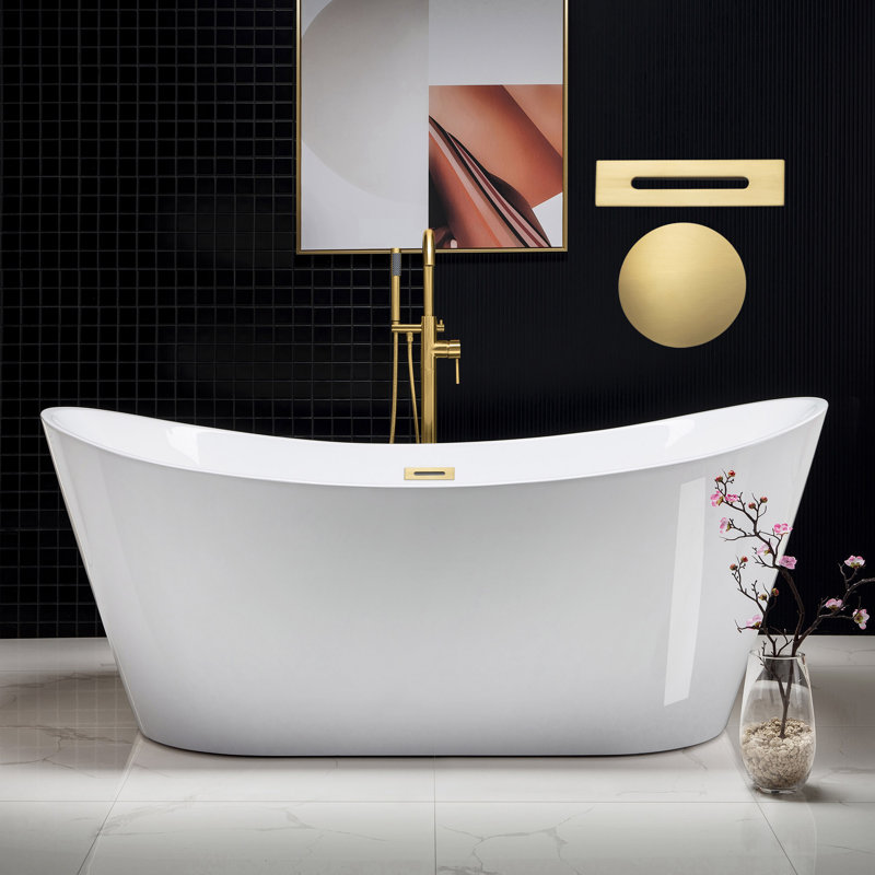 71" x 31.5" Freestanding Double Slipper Soaking Acrylic Bathtub, Brushed Gold, White