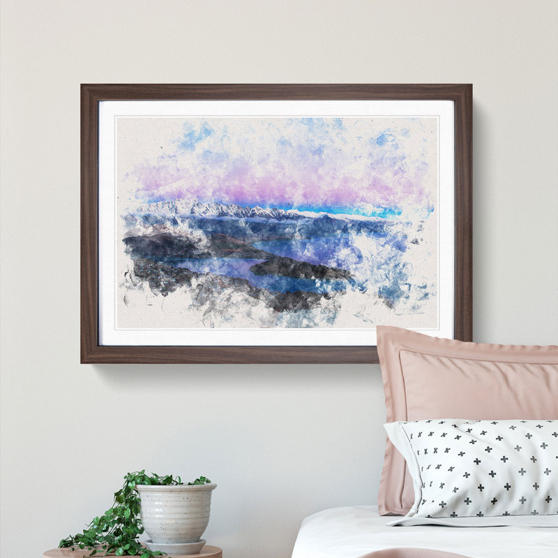 Lake in Queenstown New Zealand - Picture Frame Painting Print, 36cm H x 48cm W x 2cm D, Walnut Framed