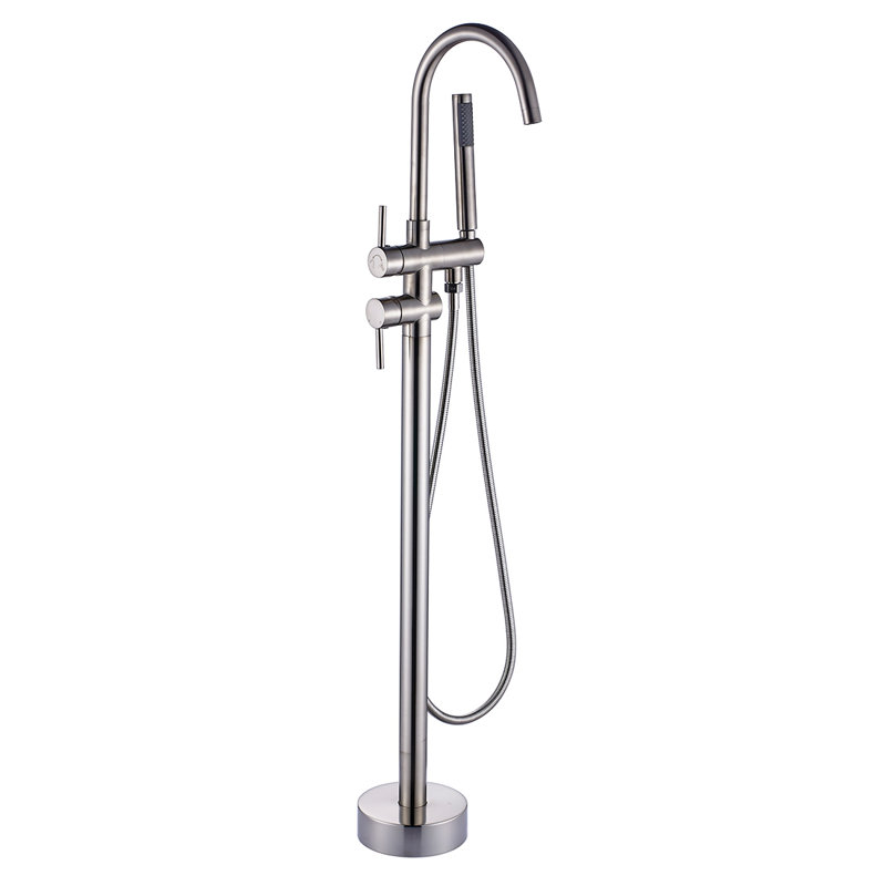 Brushed Nickel Freestanding Floor Mount Tub Filler Faucet with Handheld Shower
