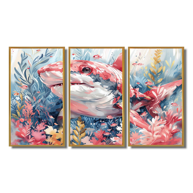 Pink Grey Hunting Shark Watercolor I - Sharkwall Art Wall Art Living Room Set, 28" H x 12" W x 1" D