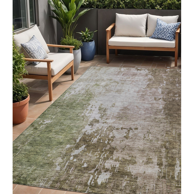 Tapis d'extérieur lavable abstrait brun et vert 5 pi x 8 pi