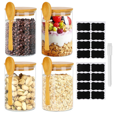 Set of 4 Glass Storage Jars with Airtight Bamboo Lids, Clear Food Canisters for Kitchen Pantry Organisation