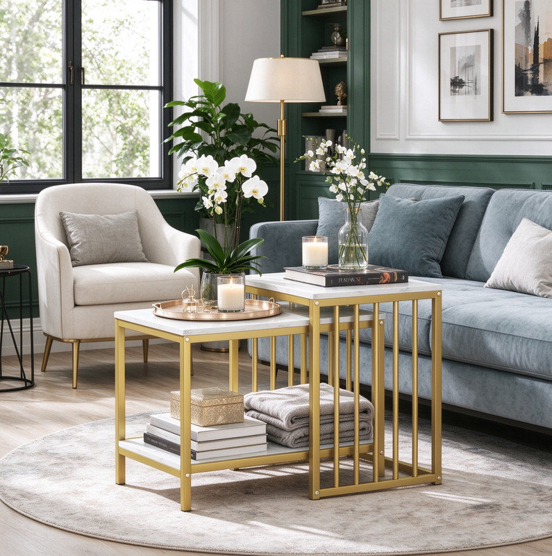 Gold Tone Nesting Table Set, Marble Effect Surfaces, Stylish Stackable Side & Coffee Tables for Home Decor