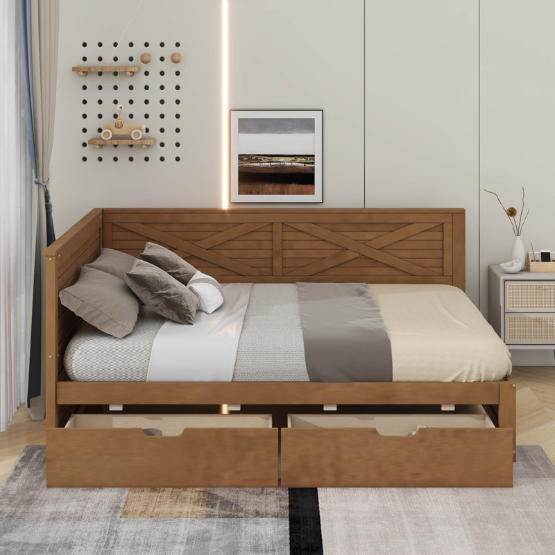 Lit de jour simple en bois avec 2 tiroirs et garde-corps rustique, Brun antique