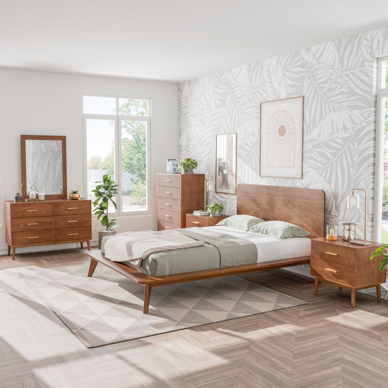 Nevio 6-Piece Platform Bedroom Set, 6 Pcs: Bed, 2 Nightstands, 2 Dressers, Mirror, Queen
