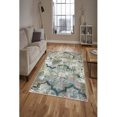 Tapis gris / bleu en polyester tissé à plat Bedfordale