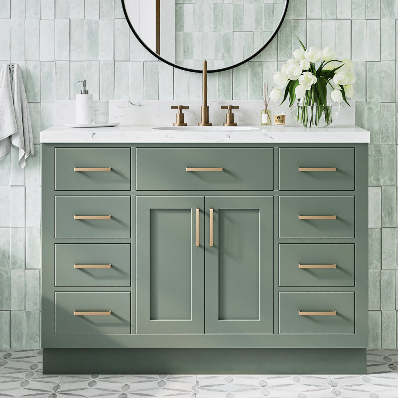 Ensemble de meuble-lavabo simple en bois massif 48 po avec lavabo en quartz Carrara de 1,5 po Tidworth, Ovale, Vert rétro