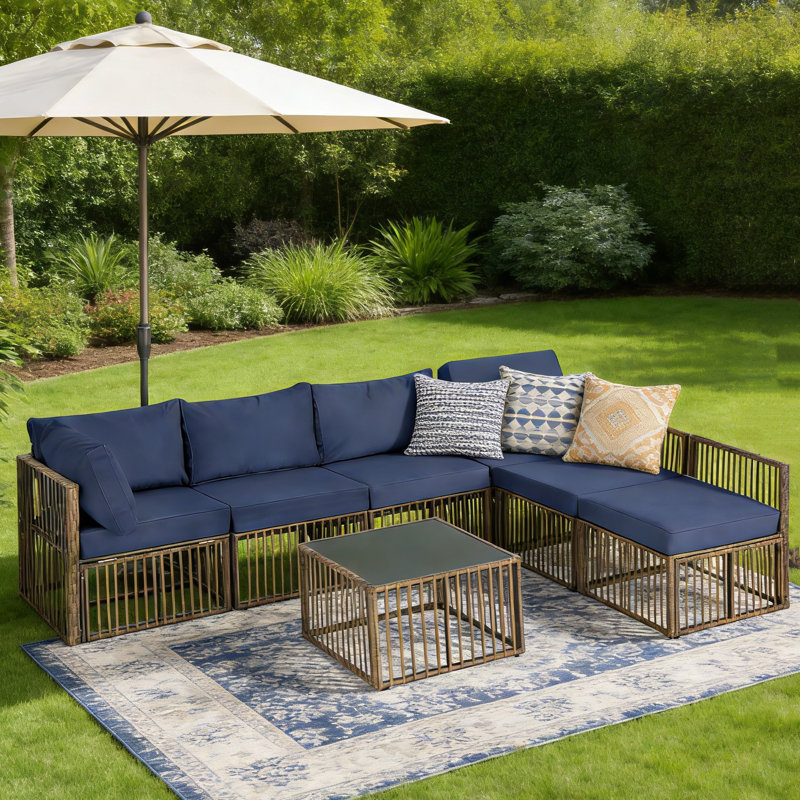 7-Piece Sectional Seating Group with Cushions, Navy, Brown