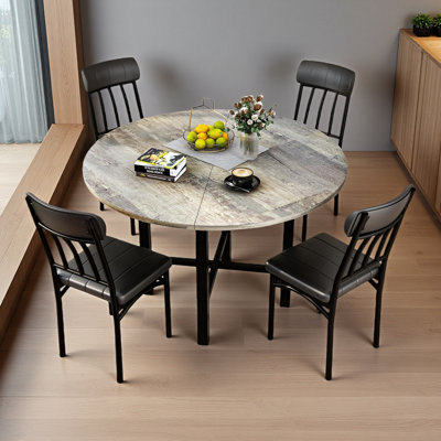 Round Dining Table For 4-6, Wood Circle Kitchen Table And Chairs Set For 4, Kitchen Table Made Of MDF And Metal Frame, Modern Dining Room Table With 4 Faux Leather Chairs,Round Dinner Table For Small Space