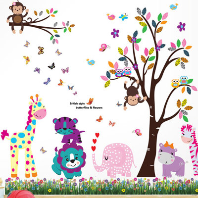 Décalcomanie murale arbre et pelouse de l’herbe happy animaux