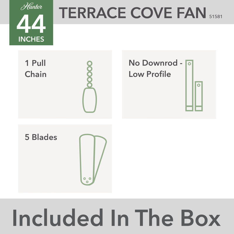 Terrace Cove Matte Black 44" Low Profile Ceiling Fan with 5 Blades