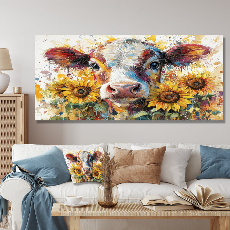 Peinture de vache avec tournesols I - reproduction métallique de vache, H 28 po x l 60 po