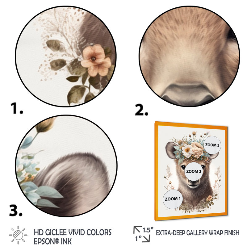 Mignon bébé ours avec couronne florale III - animaux, art mural sur toile, L 12 po x H 20 po, Toile avec cadre photo doré