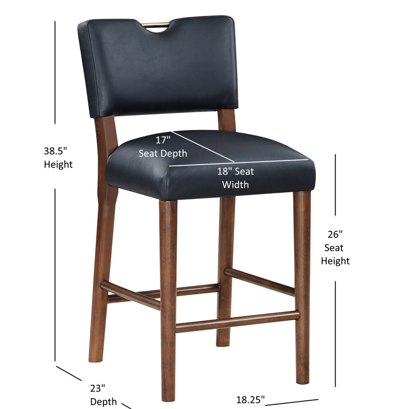 Tabouret à hauteur de comptoir en similicuir bleu minuit avec poignée en métal doré, structure en bois au fini noyer, coussin à ressorts sinueux confortable et à quatre côtés, 38,5 po au total pour le plancher, 21 po de largeur
