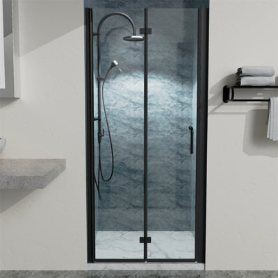 34 à 35 3/8 po X P 72 po H Portes de douche pliantes sans cadre en noir mat avec verre transparent