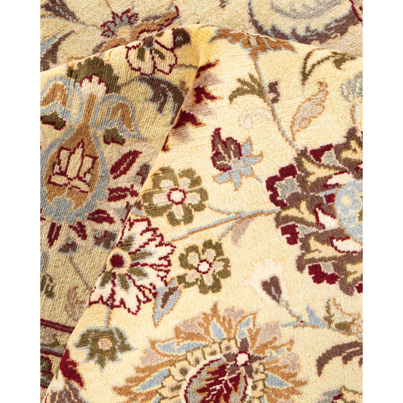 Ivory and Red Hand-Knotted Square Wool Area Rug