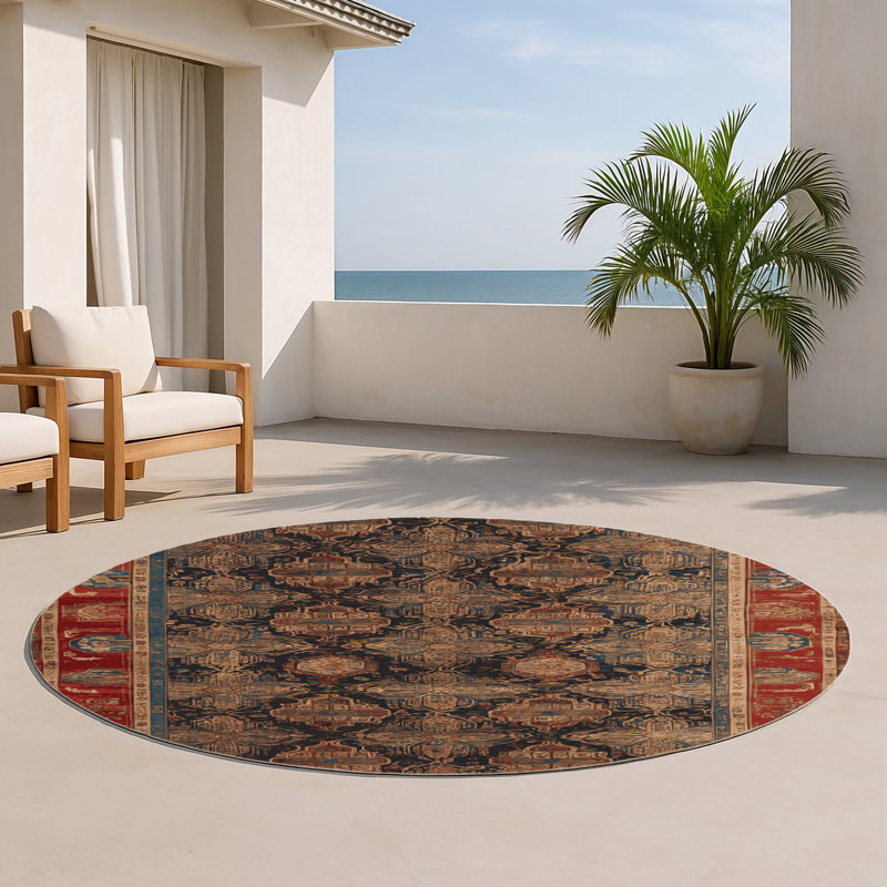 ArtDeco Brown Indoor and Outdoor Area Rug, Round 5'