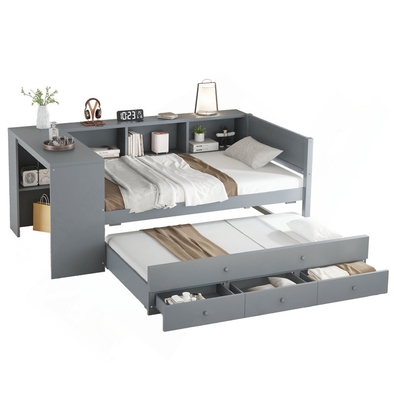 Lit de jour avec couchette, structure de lit de jour en bois avec tiroirs de rangement et tablettes latérales, lit de jour avec bureau, aucune boîte à ressorts nécessaire