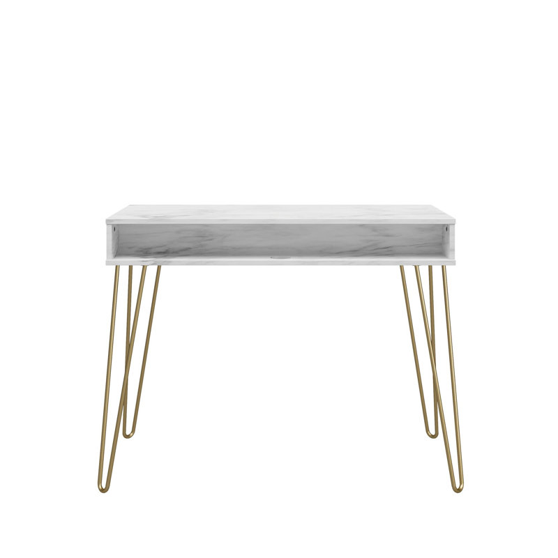 Figy Metal Base Writing Desk, White Marble, White
