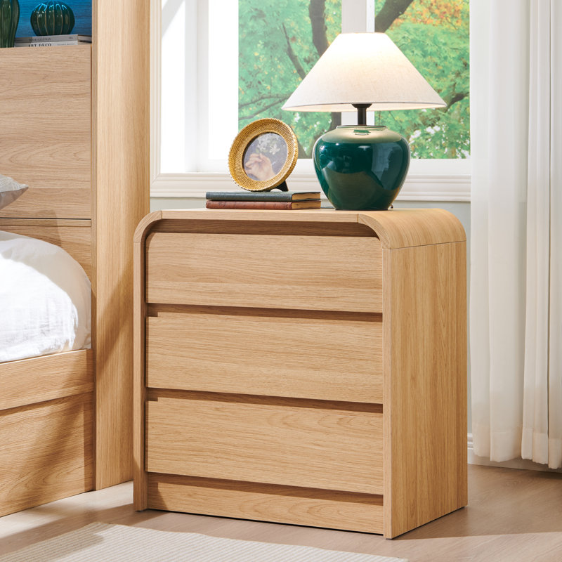  Maud 25" Tall Modern Nightstand with Charging Station, 23.6'' Wide Wood Bedside Table w/3 Storage Drawers, Natural