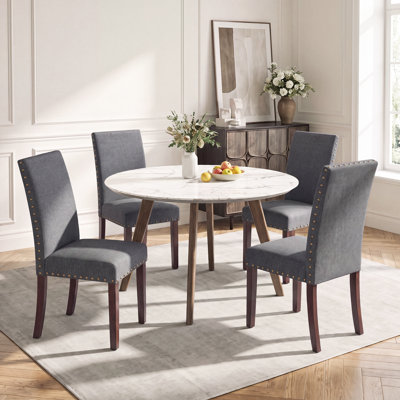 Bontrager Upholstered Nailed Trim Linen Parsons Dining Chairs with Solid Wood Legs