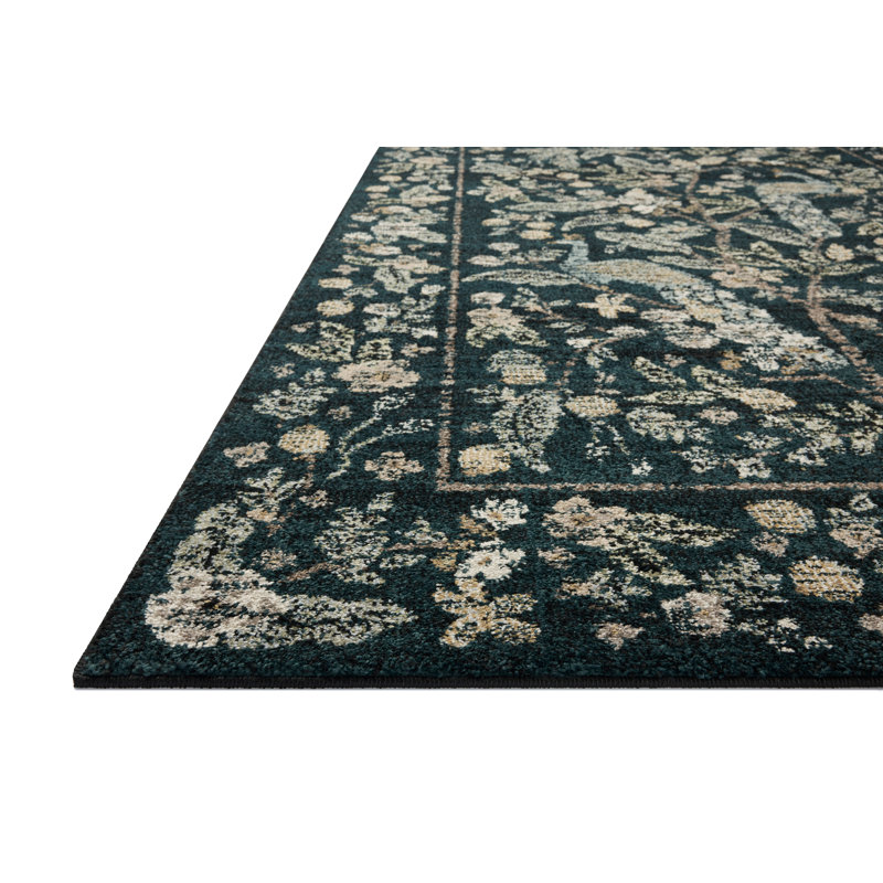 Navy Floral Wool and Synthetic Rectangular Rug, 5' x 8'