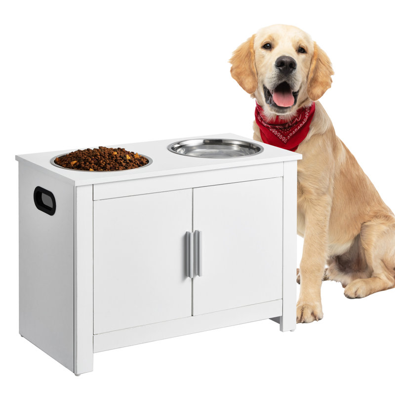 White Wooden Pet Feeding Station with Elevated Bowls and Storage Cabinet
