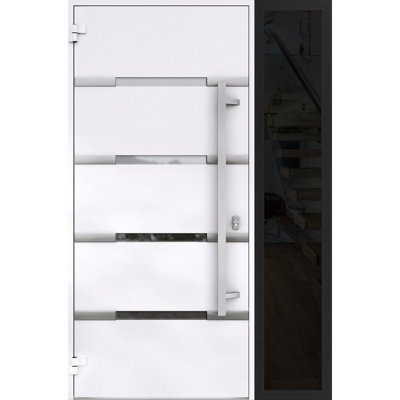 Front Exterior Prehung Steel Door / Deux 1105 Black Enamel / Side Exterior Window Sidelite / Stainless Inserts Entry Metal Modern Painted W36+16" x H80" Right hand Inswing