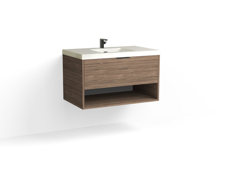 Modo 36" W Wall Mounted Single Bathroom Vanity, Matte White/Single, Biondo, Polished Nickel