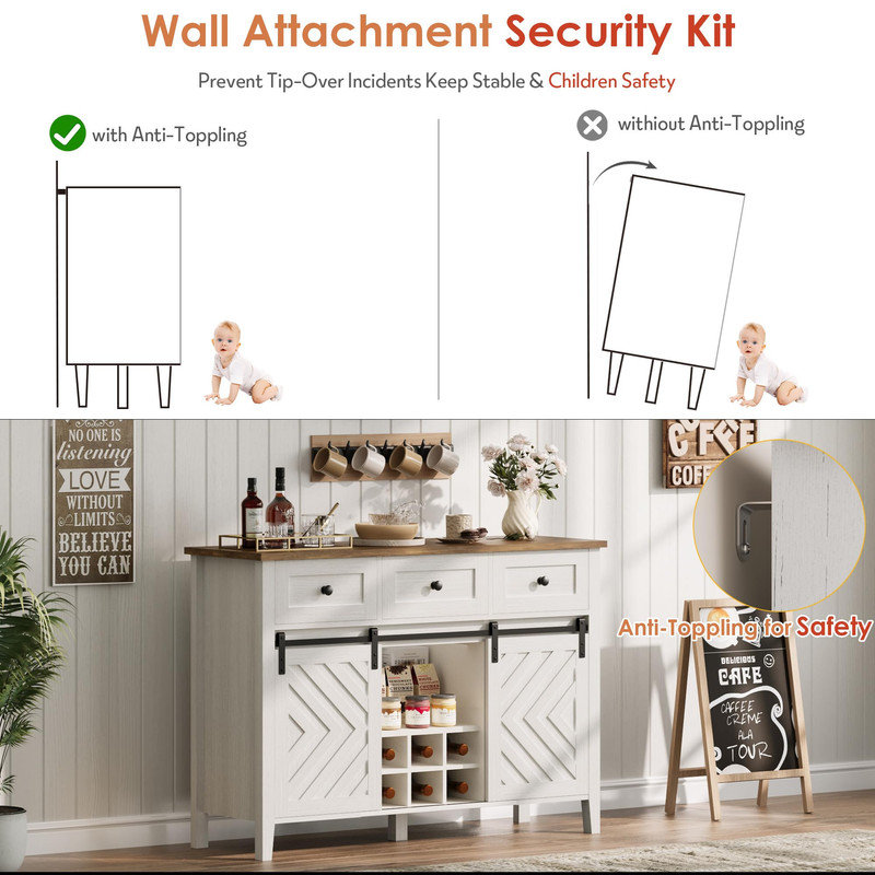 Buffet Farmhouse avec porte de grange coulissante, buffet rustique avec 3 tiroirs et support à vin amovible, Blanc