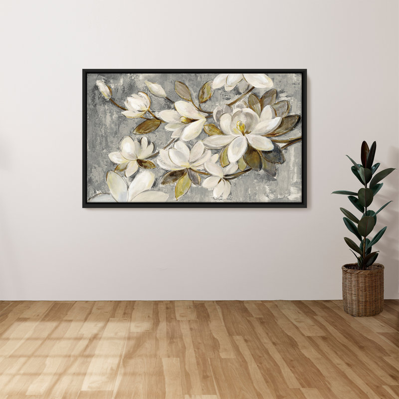 "Magnolia Simplicity Neutral Gray" par Silvia Vassileva, reproduction sur toile dans un cadre flottant, H 21,5 po x l 33,5 po