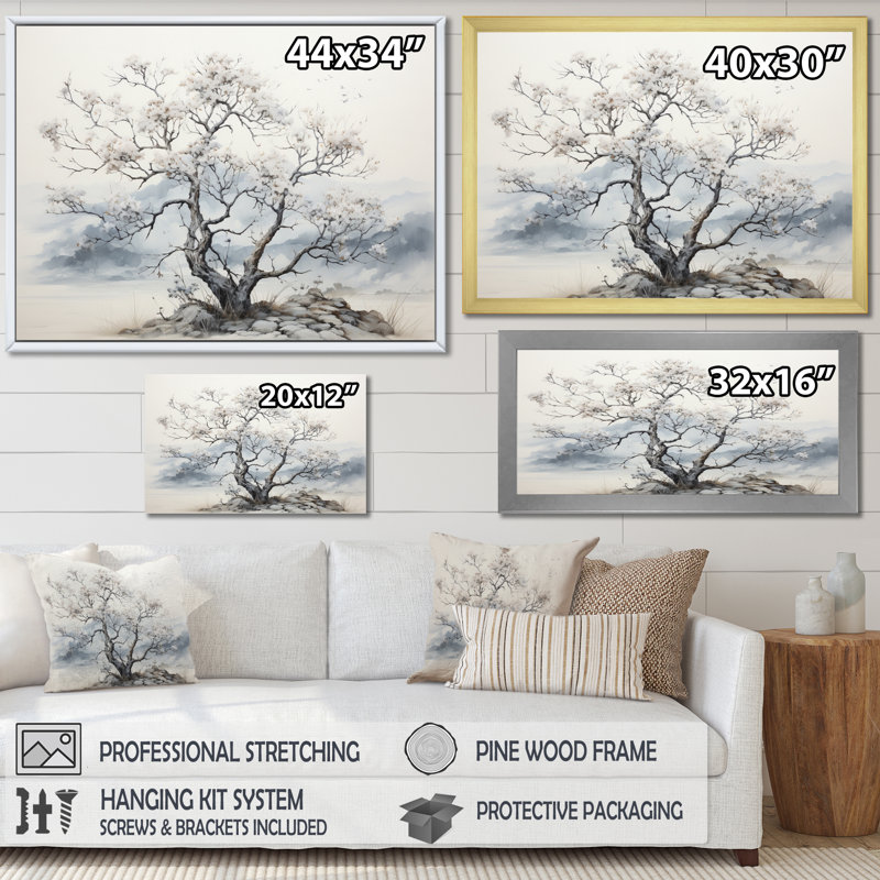 «White Grey Mute Majesty Tree I», reproduction sur toile, Cadre naturel flottant, H 24 po x l 32 po x P 1 po