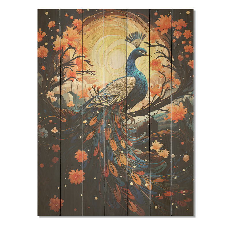 Paon céleste à la lumière des étoiles - Animal paon sur bois, H 40 po x l 30 po