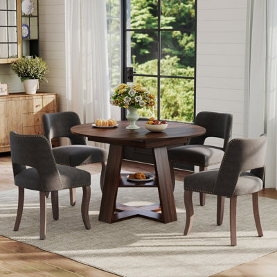 Table de salle à manger extensible ronde pour 4 à 6 personnes, table de salle à manger de style campagnard avec tablette de rangement et chaises de salle à manger rembourrées en tissu