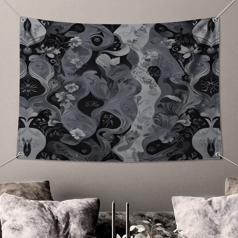 Tapisserie murale noire à motif floral - décoration murale florale, H 68 po x l 80 po avec 4 œillets