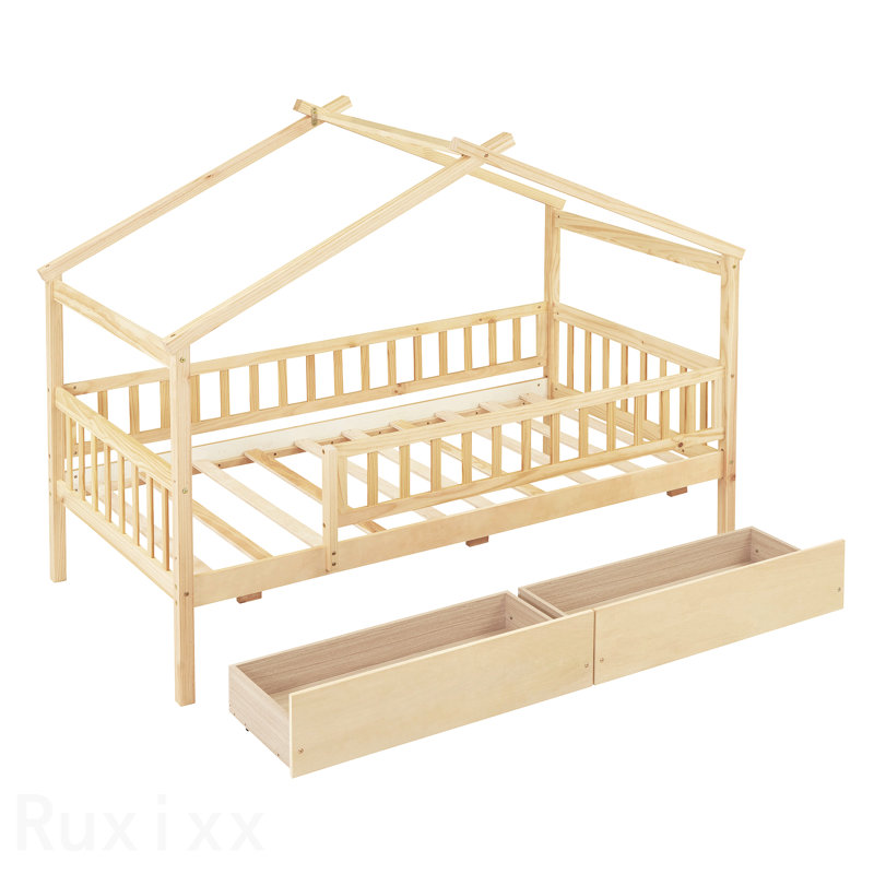 Lit simple en bois avec deux tiroirs, Naturel