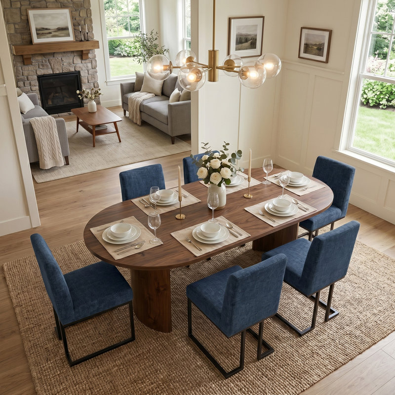 Ensemble de salle à manger moderne à piédestal pour 6 personnes 79 "avec chaises rembourrées Modern, Bleu