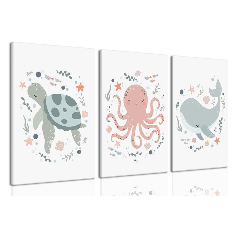 Ocean Nursery Decor, Set Of 3 Room Sea Animal Wall Art Picture Canvas Prints, Framed, 60 cm H x 120 cm W