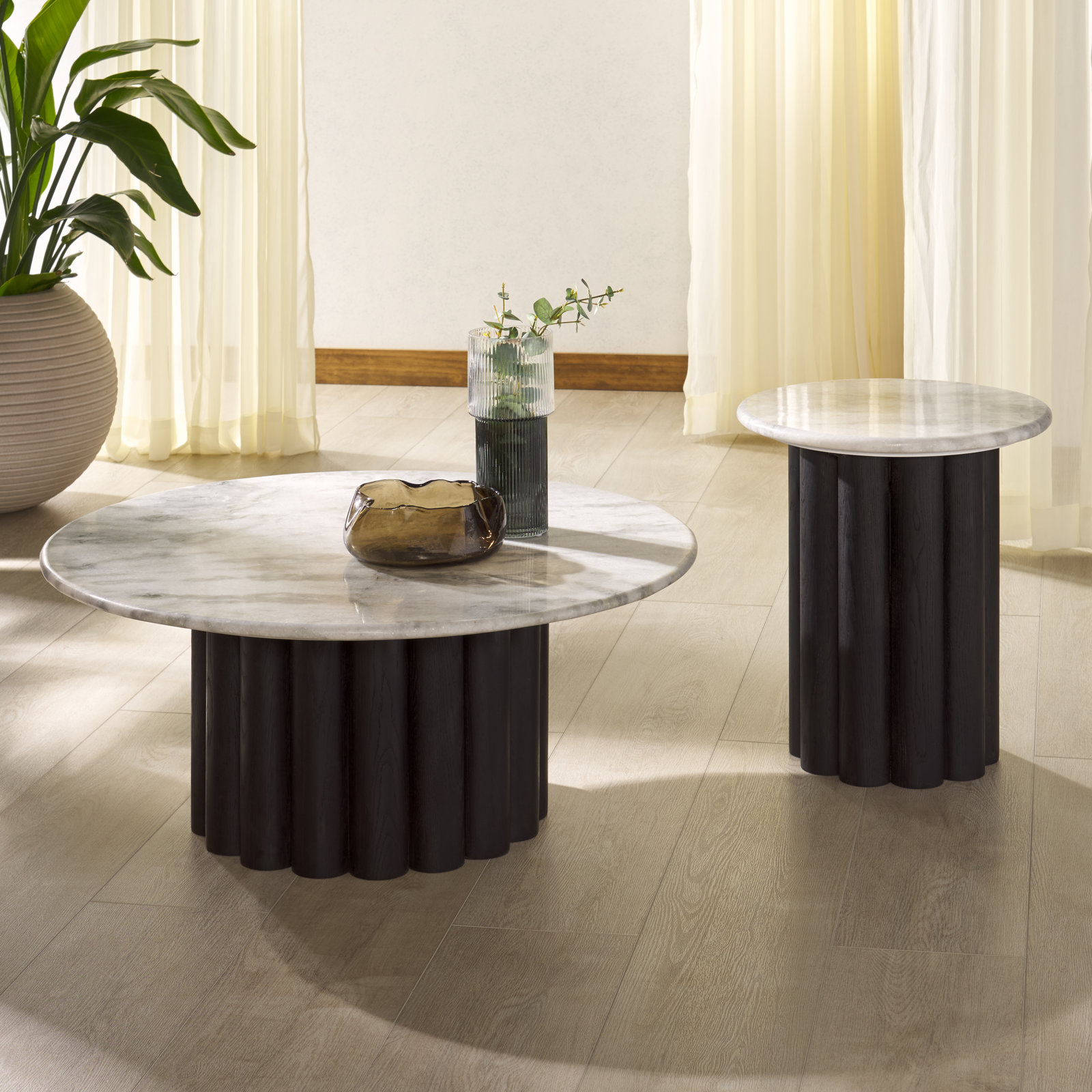 18" Genuine Marble End Table, White/Black