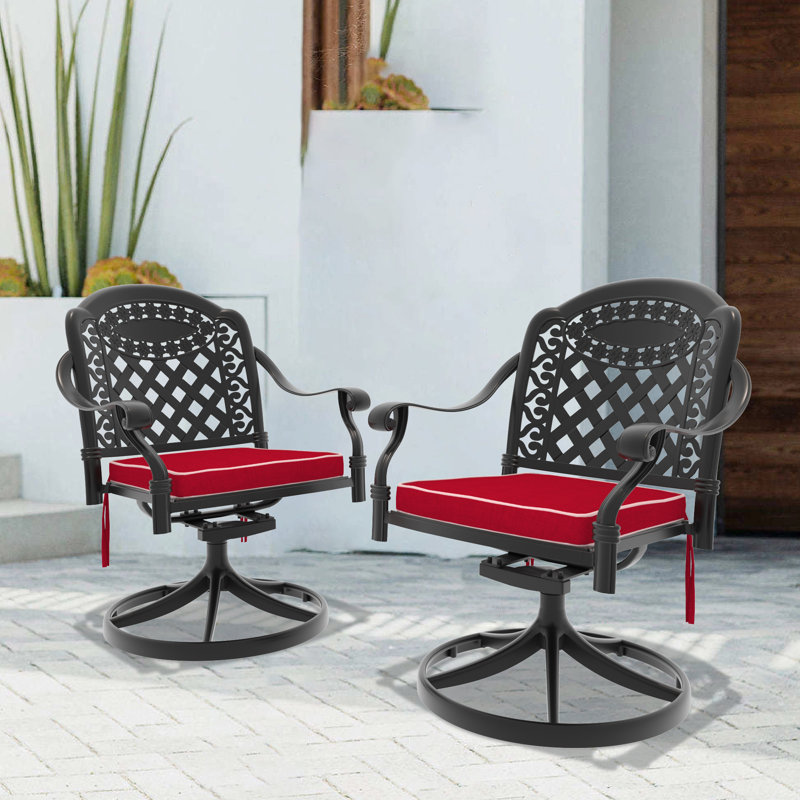 Chaise d'extérieur pivotante en aluminium coulé, fonction pivotante à 360 °, avec coussin rouge (ensemble de 2)