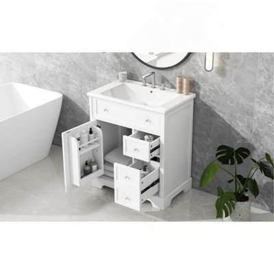 Meuble-lavabo 30 po avec comptoir, meuble-lavabo avec porte et deux tiroirs, planches en panneau de fibres à densité moyenne, bois massif, un paquet, blanc