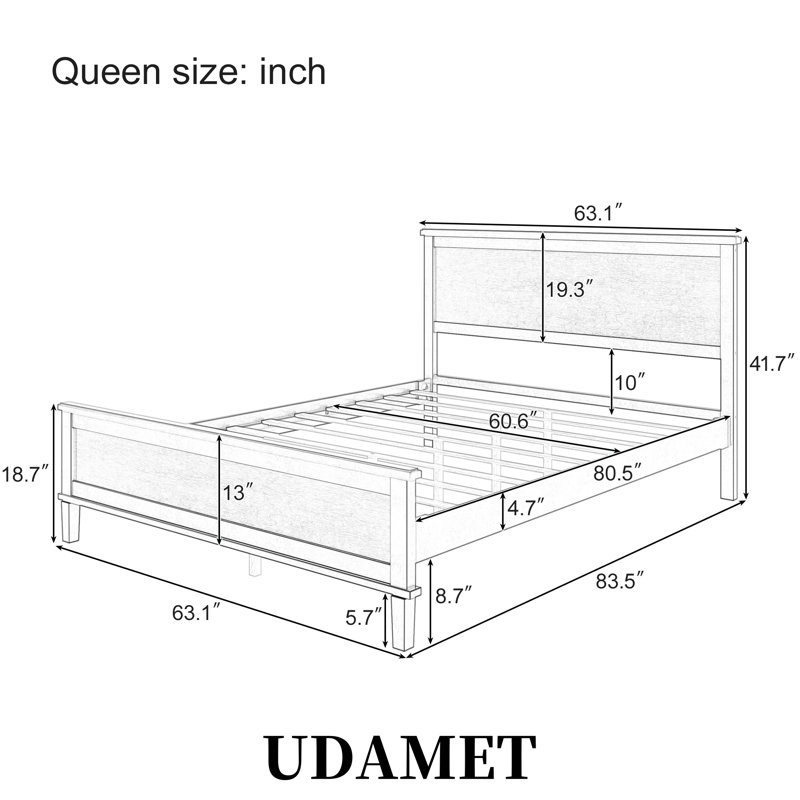 Lit plateforme avec rangement spacieux sous le lit et pieds fuselés de style Mid-Century - aucun sommier nécessaire, Blanc