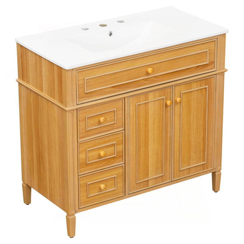 Meuble-lavabo de 36 po avec lavabo, meuble-lavabo en bois avec tiroir rabattable, 3 tiroirs, 2 portes à fermeture en douceur, bois massif et panneau de fibres à densité moyenne, poignées en bois d'hévéa élégantes