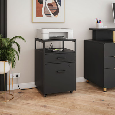 Classeur moderne à 2 tiroirs avec tiroir verrouillable, 2 ports de chargement USB et prise de courant, et roues verrouillables