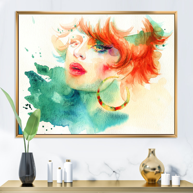 Portrait de femme modèle coloré - œuvre d'art sur toile Glam, H 8 po x l 12 po x P 1 po, Cadre flottant doré