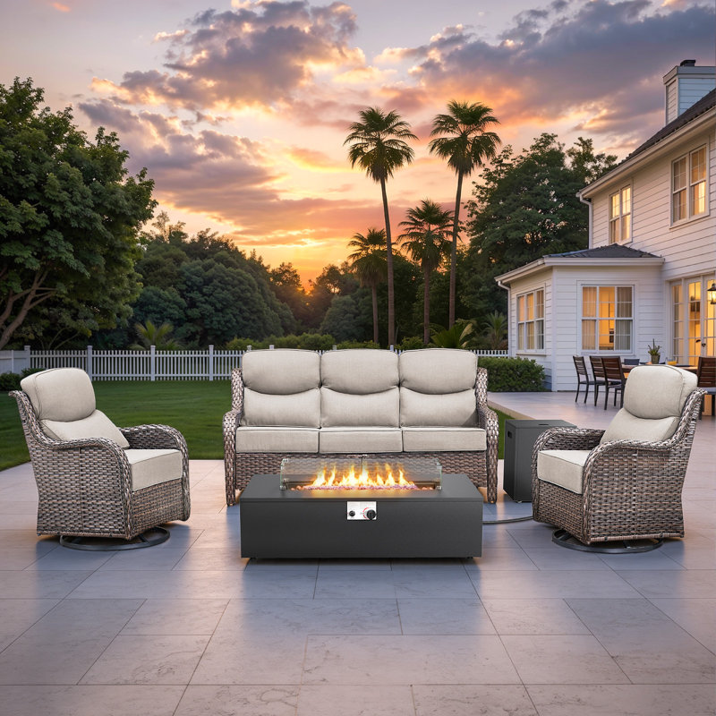 Bruner 4-Piece Wicker Rattan Patio Fire Pit Table Conversation Set With Swivel Gliders