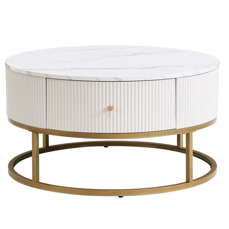 Modern Round Coffee Table with Drawers, Faux Marble Table with Storage, Coffee Table
